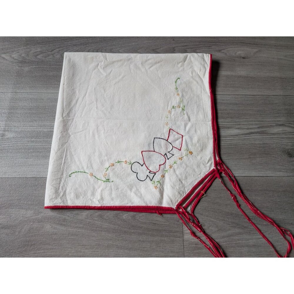 Vintage Tablecloth With Embroidered Playing Card Suits & Floral Design  29" x 29